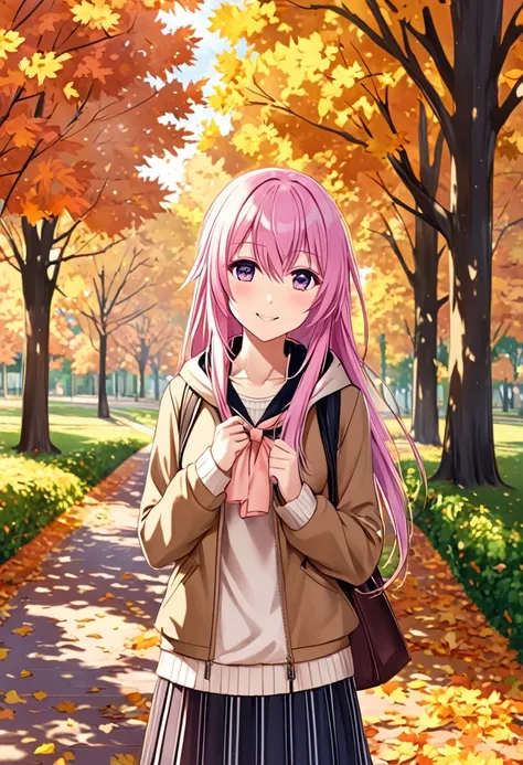 Megurine Luka, cute and sexy, adult casual clothes, park, autumn walk, morning, upper body, gratitude, skirt, greeting