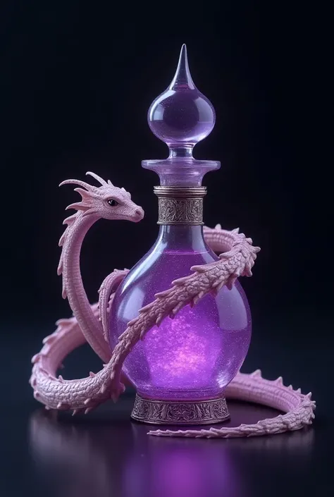 Create a beautiful elixir glass bottle with a mystical purple potion with a beautiful light pink Dragon around it ultra realistic 5k image 