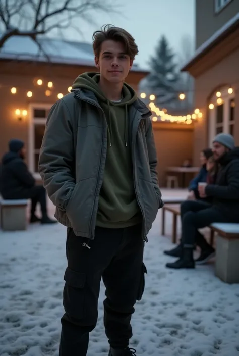 A young man of about 23 years old dressed in an olive green sweatshirt, grey jacket and black cargo pants, with some black Nike style ankle boots. He has medium-long hair, youthful hairstyle. He is in the courtyard of his mansion. Dusk environment, winter,...