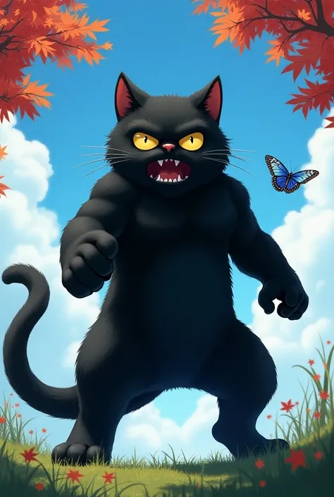  fat black cat 　Stand on two legs　Below is grass 　Blue Sky　Maple Tree　Asagi Madara flies 　Angry face