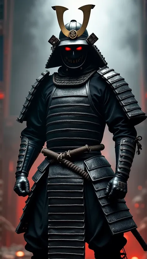 (a powerful samurai warrior:1.1, intense atmosphere, black armored helmet, dark samurai mask covering the face, black gauntlets, black leg armor, glowing red eyes, imposing presence, feudal era noble, Samurai warrior from the Sengoku period, formidable fig...