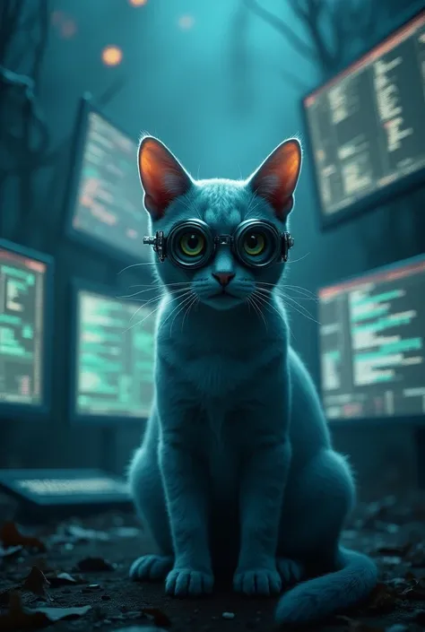 Make an award avatar of Cybernetic Critic
Russian blue cat, with goggles, near coding screens with horrifying backdrops 