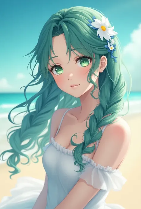 beautiful woman, long hair with blue and white curlers, green eyes,  White dress , beach wallpaper , anime