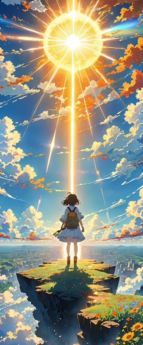 anime,8k rays of the sun mark a  in the sky on the edge of an abyss watching the sky