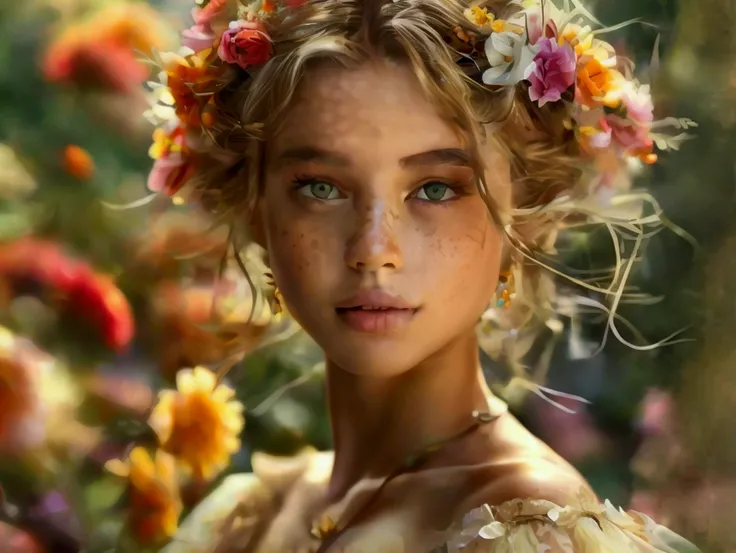 A very realistic image of a girl in a castle&#39;s flower garden, This girl has honey colored curly hair, your face is delicate and beautiful with small freckles on your face, and has a very happy look with green eyes, She is wearing a light transparent dr...