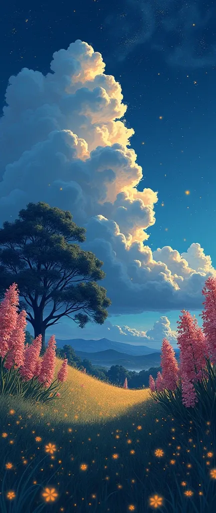 masterpiece!!!! 8k There are huge flowers,    ESTELO ANIME GHIBLI!!!!! The image shows a serene night scene of a Field of Flowers!!!!                       on the Hill, big tree,  majestic clouds billowing blue golden lighting anime 8k l fireflies grass ni...