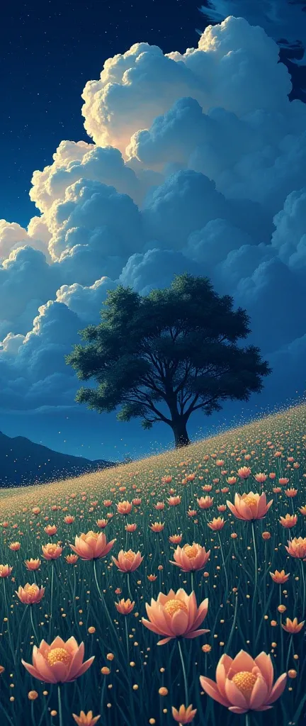 masterpiece!!!! 8k There are huge flowers,    ESTELO ANIME GHIBLI!!!!! The image shows a serene night scene of a Field of Flowers!!!!                       on the Hill, big tree,  majestic clouds billowing blue golden lighting anime 8k l fireflies grass ni...