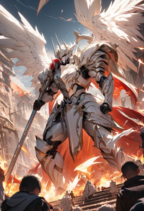 masterpiece, 8k, best quality, highly detailed, a male god in pure white angelic armor with pure white angel wings wielding a lance made of pure white metal, surrounded by a red raging inferno