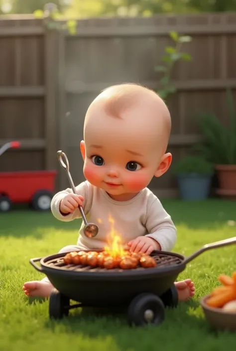 White baby making barbecue with a skewer in his hand.