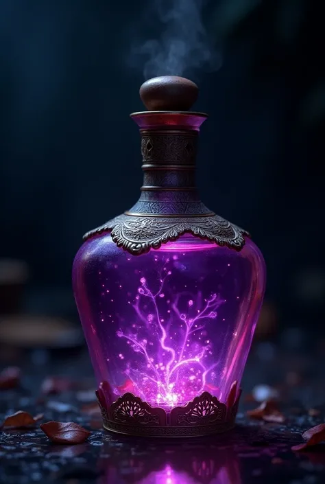 Create a beautiful Babylonian elixir glass bottle with a mystical purple-colored potion with ultra realistic 5k 4k image 