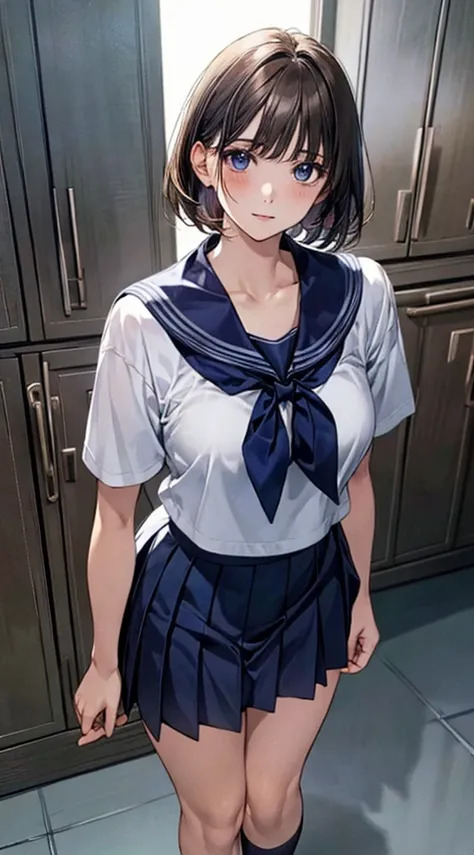 (((perfect anatomy, anatomically correct, super detailed skin))), 1 girl, japanese, high school girl, shiny skin, watching the viewer, 
beautiful hair, beautiful face, beautiful detailed eyes, (short hair:1.1, bob cut:1.2), dark blonde hair:1, blue eyes, b...