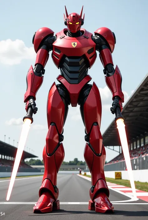 A towering, red Ferrari-inspired mecha, standing tall like a sleek, armored warrior. The mecha’s body is streamlined with aerodynamic curves, similar to a Ferrari sports car, with glowing yellow headlights as its eyes. Its metallic body is reinforced with ...