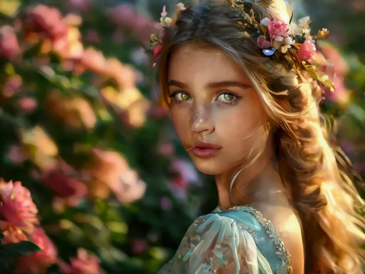 A very realistic image of a girl in a castle&#39;s flower garden, This girl has long straight honey colored hair, your face is delicate and beautiful with small freckles on your face, and has a very happy look with green eyes, She is wearing a light transp...