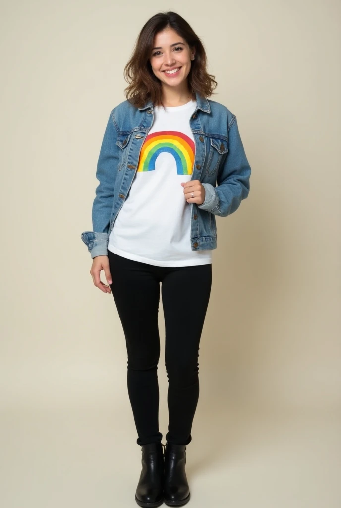 Young woman wearing white t-shirt with rainbow, jean jacket, black pants and black boots