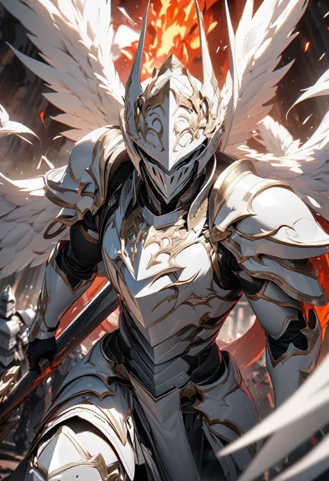 masterpiece, 8k, best quality, highly detailed, a male knight in pure white angelic armor with pure white angel wings wielding a lance made of pure white metal, surrounded by a red raging inferno