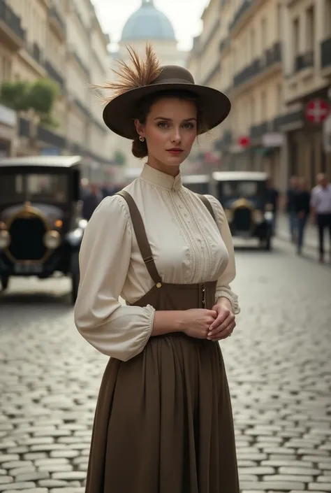 ((masterpiece)) ((photography)) ((Highest quality))  A full-body image of a European woman in the 1900s, dressed in early 20th-century attire. She wears a high-necked, long-sleeved blouse tucked into a floor-length skirt, reflecting Edwardian fashion. A wi...