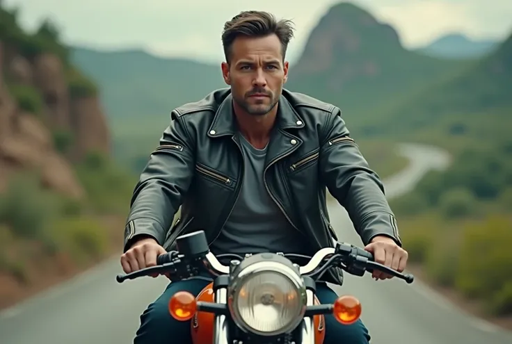 a man riding a motorcycle, detailed face and body, dynamic motion, realistic, cinematic lighting, vibrant colors, dramatic composition, cinematic, photorealistic, hyperrealistic, extremely detailed, 8k, highest quality, intricate details, masterpiece