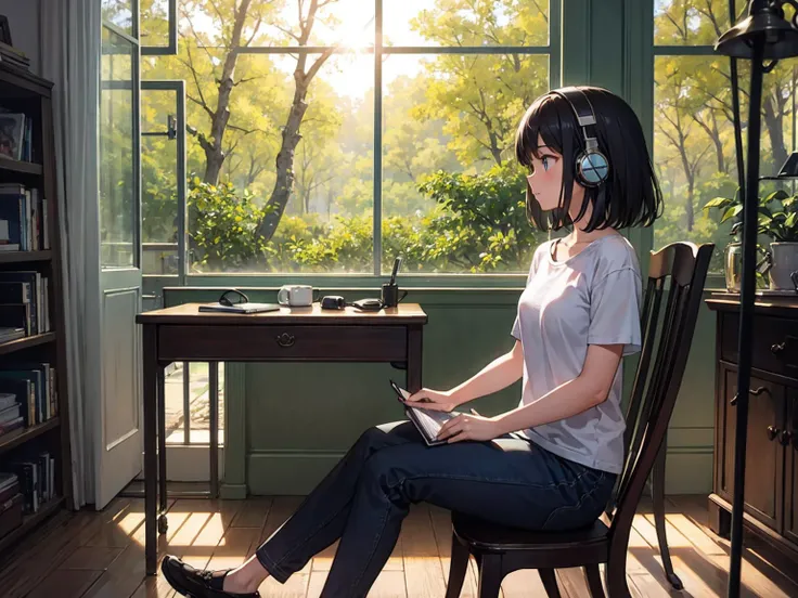 ((masterpiece)), (Best Quality), (detailed), ( 1 girl), (Internal Data Stream), Japanese style room, 19 year old girl, (looking away: 2), black middle hair, notebook and pencil on desk, many books on desk, (lean her chin in her hands: 1.3), forest outside ...