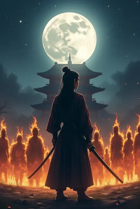 Draw a young samurai, standing a battle scene in the middle of a location in Japan with a temple behind. He has a sword, surrounded by several warriors glowing with auras of fire. Dramatic lighting from moon and stars illuminates the scene, casting deep sh...