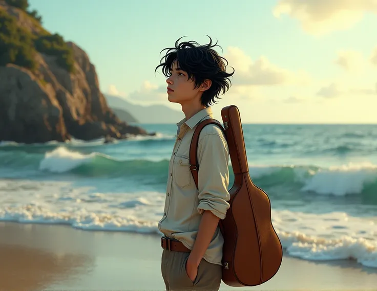 man on the coast, black hair, With a guitar behind your back, Very beautiful.