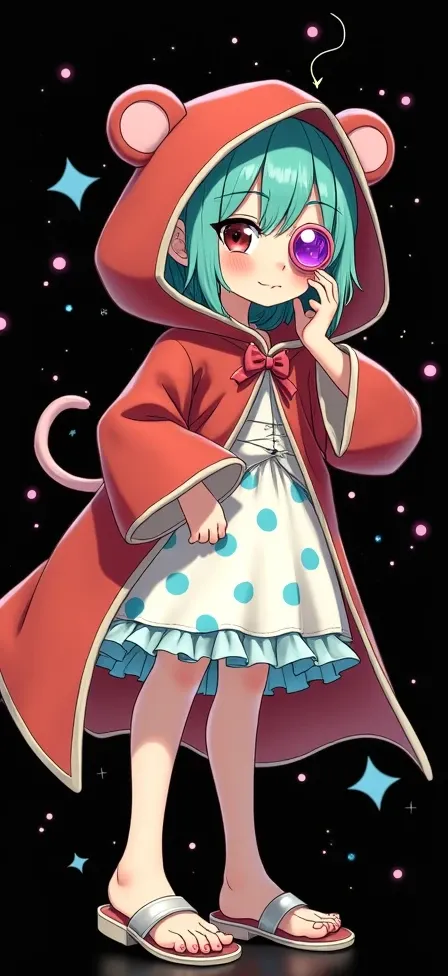 It generates a sexy girl who wears a red hood with bear ears and a small crown, She has aquamarine hair ,  the monocle is pink with the purple crystal ,  the dress is white with light blue polka dots and open sandals .