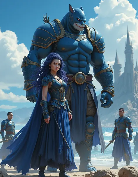 A Beautiful Sexy Warrior Woman With Dark Blue Hair And Blue Eyes And Wearing A Realistic Dark Blue Warrior Dress With A Trident Backed By A Giant Sexy Muscular Warrior Tiger Shark In Dark Blue Armor On A Beautiful Island With Several Stones And Waters With...