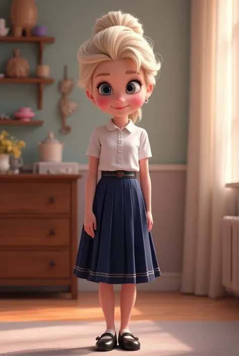 Create image of princess elsa, in a disney pixar style, get dressed for school, smiling, calm, in the morning princess elsa, disney character, disney 4D, hair bun 