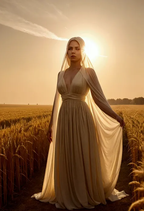 Depict a mysterious and ethereal female figure, standing tall in the middle of a sun-drenched, golden wheat field. The heat of noon shimmers around her, distorting the air as if reality itself is bending. Her long, wind-swept hair blends seamlessly with th...