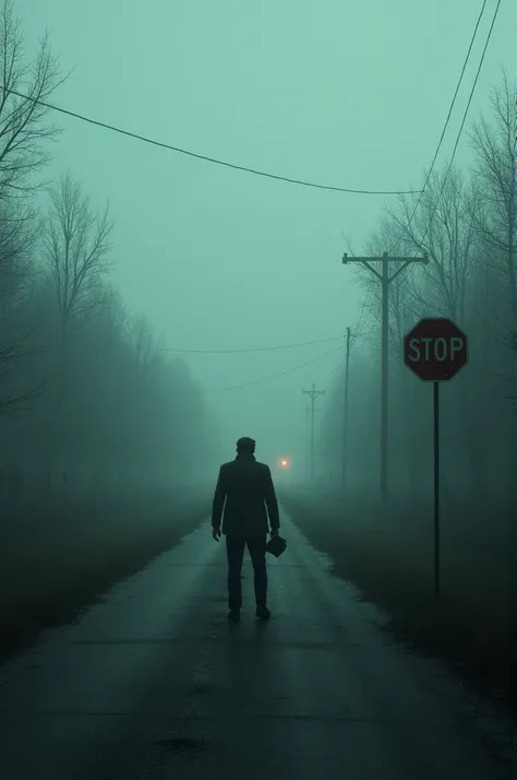  nostalgic landscape  , silent hill, first person,  on the way to a distant but visible school, with a stop sign next to the road  , Evening, thick fog .