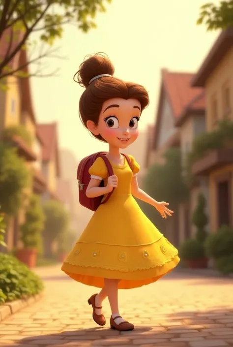 Create image of princess Belle, in a disney pixar style, goingo to school, with her backpack, smiling, calm, in the morning princess belle, disney character, disney 4D, hair bun 