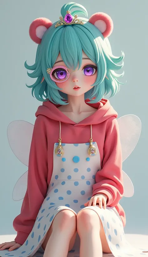  Generate a sexy girl who wears a red hoodie with bear ears and a small crown, She has aquamarine hair ,  the monocle is pink with the purple crystal ,  the dress is white with light blue polka dots and open sandals . What do your feet look like  