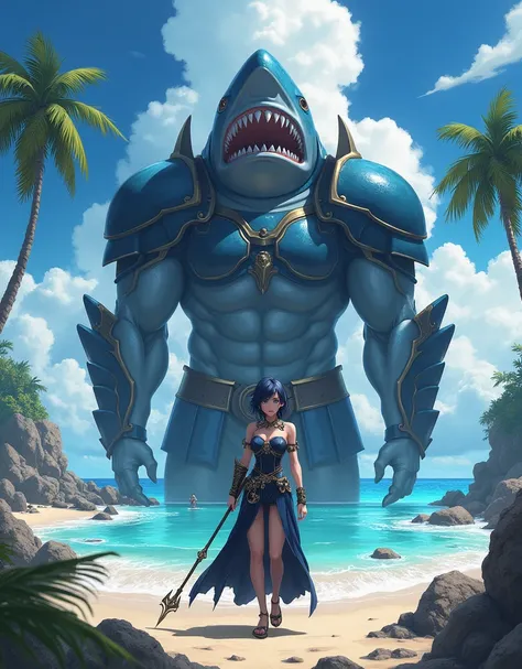 A Beautiful Sexy Warrior Woman With Dark Blue Hair And Blue Eyes And Wearing A Realistic Dark Blue Warrior Dress With A Trident Backed By A Giant Sexy Muscular Warrior Mega Shark In Dark Blue Armor On A Beautiful Island With Several Stones And Waters With ...