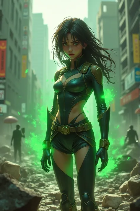  An 18-year-old girl dressed in heroine costumes in the middle of the city with characters around her for having had an intense fight and a small cut wound on her arm, huge craters surrounding her ,  confused look with green telekinesis powers 