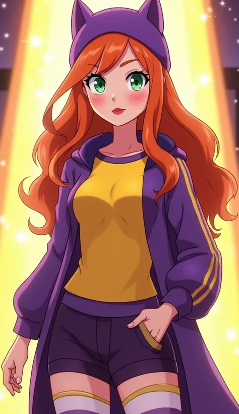 (Close up), (Close up from top of head to bottom of thigh) ((Barbara from DC Super Hero Girls 2019)), Barbara is a tall, slim and fair-skinned teenager with rosy cheeks, bright-emerald eyes and long, hot-orange hair with a brighter-colored ombre on the bot...