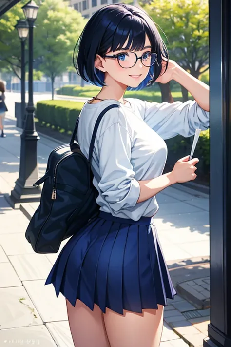 college student、University campus、class、college student,Smiling , session ,[highly strung ,   short hair、  dark blue hair  、straight hair、blows、barrer los senos bangedium、perky breasts  、tight、Blue eyes、shiny skin、shiny lips、beautiful ass、skirt、knit、glasse...