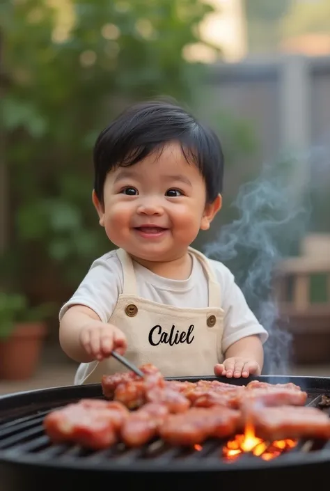 Smiling black-haired white baby with a written apron "Caliel " Making barbecue with a barbecue skewer in hand and meat on the grill.