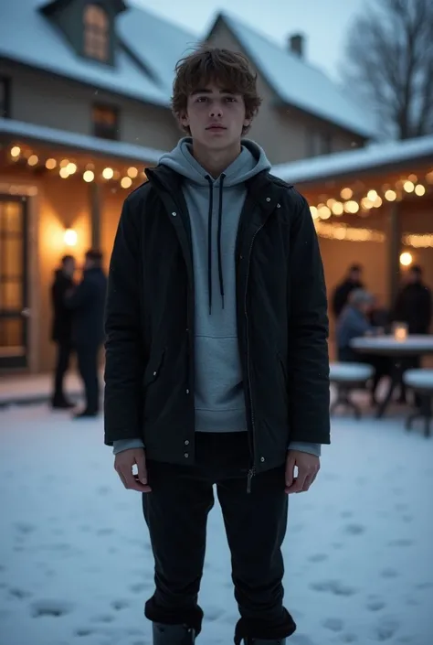 A young man of about 23 years old dressed in a grey sweatshirt, black jacket and black dress pants, with some black military style boots. He has medium-long hair, youthful hairstyle. He is in the courtyard of his mansion. Dusk environment, winter, snow. Fr...