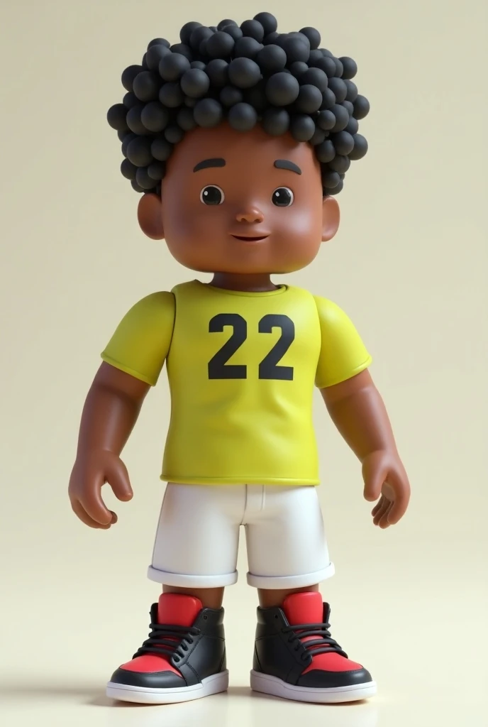 Make a Roblox style character ( square-headed with rounded tips and looking like a ) doll of a 22-year-old black boy with curly black hair of medium size wearing a yellow-green shirt written on it with the number 22 on the back.He also wears white shorts a...