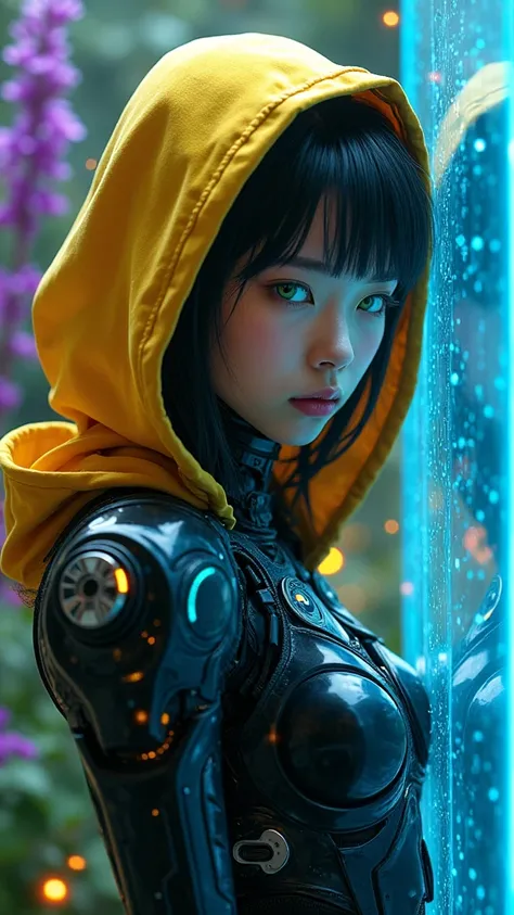 Hermosa niña adolescente Make a robotic entity . Miniskirt cyborg leggings Metallic  . with green eyes,  his exoskeleton is black with silver details. He has a yellow hood,  grass background large tall violet,  floating particles fire magic, colored glass ...