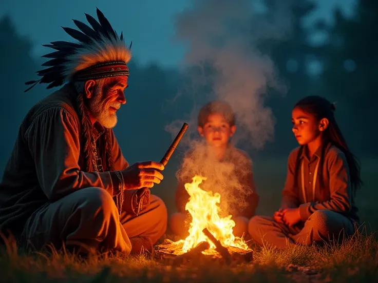 A ninety-nine-year-old Indian chief, holding a peace pipe, sits by a glowing fire. He exhales smoke that magically transforms into a mesmerizing and fantastical Horse, captivating the small circle of Indian ren, aged 8 and 9, who gaze up in awe at the chie...