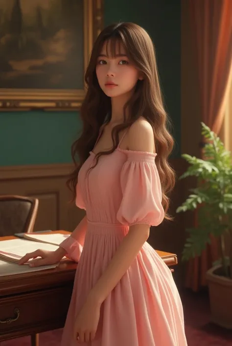 Sixteen year old girl, slim, tanned skin, small almond-shaped olive green eyes , oval face, straight nose, small, full lips,  long hair with light brown bangs , pose:  standing next to a desk and is in a Renaissance-style office,  dressed in a pale pink dr...