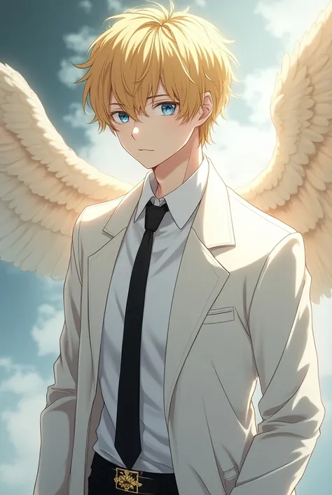 non-human angel  , masculine, man, short golden hair , blue eyes ,  white trench coat , delgado, husky , Gilded laments , anime, White shirt , Golden belt , age of 20 years , black tie