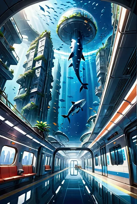  CG 8k A grand futuristic city built in the deep sea — huge glass domes are piled up and 、 lush greenery and bright coral cover the building through a transparent tunnel — the interior of the building is filled with warm light 、 the living rooms and office...