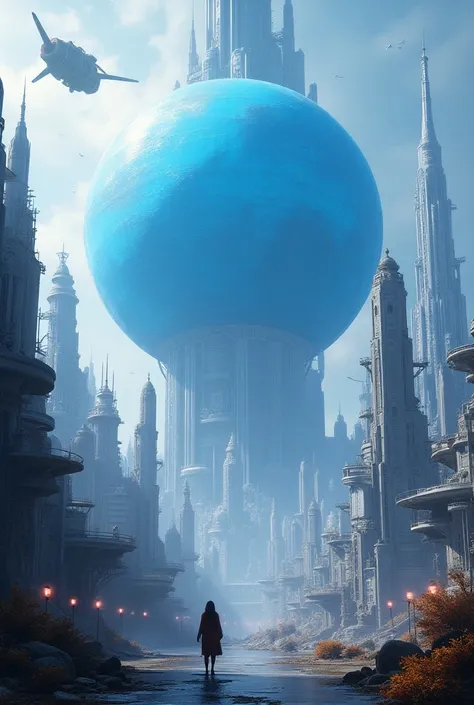 an image of a futuristic city with a large blue sphere in the middle of it, # sci - fi, sci - fi art!!!!!!!, sci-fi fantasy wallpaper, very beautiful matte painting, beautiful mattepainting, epic beautiful space scifi, a beuatiful matte painting, futuristi...