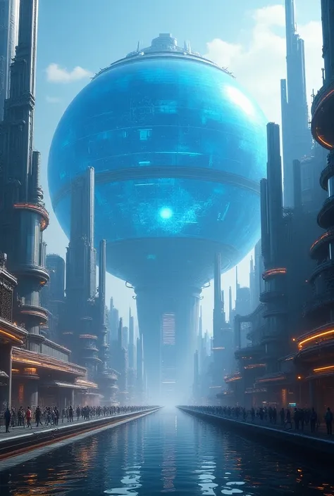 an image of a futuristic city with a large blue sphere in the middle of it, # sci - fi, sci - fi art!!!!!!!, sci-fi fantasy wallpaper, very beautiful matte painting, beautiful mattepainting, epic beautiful space scifi, a beuatiful matte painting, futuristi...