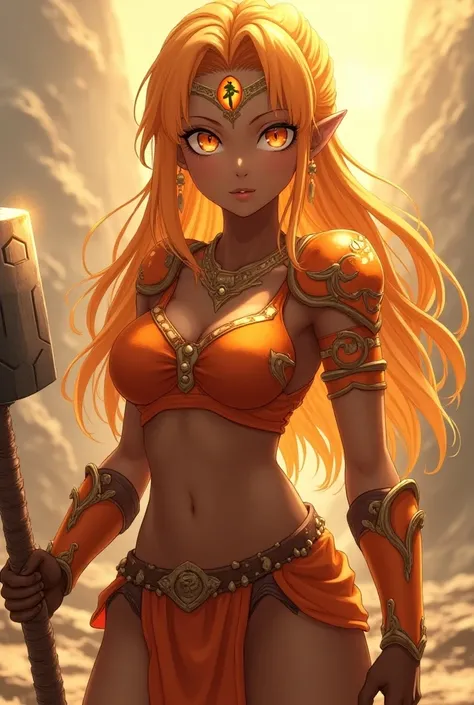 Adult anime girl, light orange hair, orange eyes, dark brown skin. She wears light orange ,  armor, a tiara with the earth symbol, And she carries in her hand a hammer . 