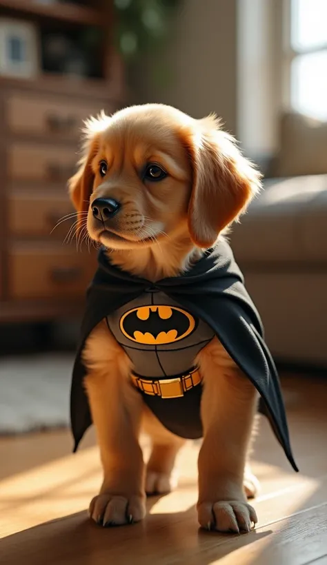 A cute golden retriever puppy is cosplaying Batman and walking on two legs like humans in a room at home。Precise depiction。 Textures that emphasize realistic textures and details that reflect natural light。 realistic texture 。9:16 vertical screens 。