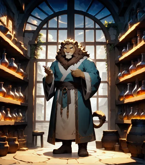 character focus, full body, looking away, dynamic angle, alchemist, a plump middle-aged lion man, little smile, alchemy robe, st...