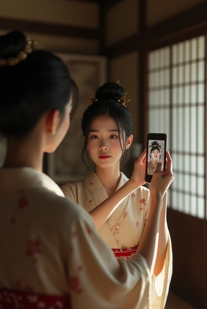 Young Japanese woman taking a picture of herself in the mirror with her smartphone。