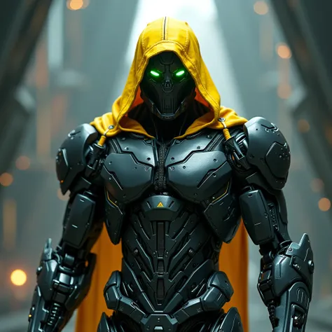  Make a futuristic exoskeleton . man.  his armor has two colors : black and gray. Your eyes are green, He wears a yellow hood .  hes in a futuristic setting